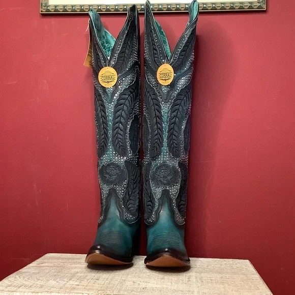 CORRAL Willow Over The Knee  Black & Turquoise Western Boots ~3” Heel Inside Zip - Picture 4 of 16